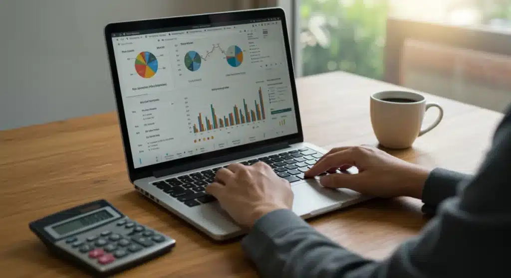 Person planning 401(k) contributions on laptop for retirement savings