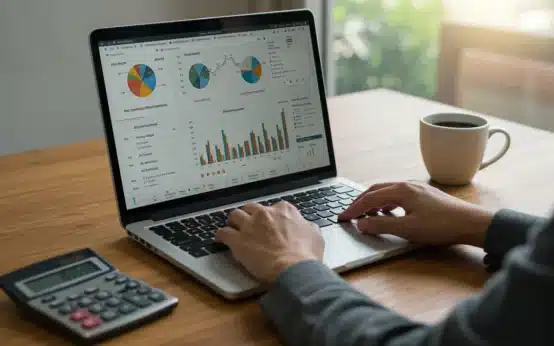 Person planning 401(k) contributions on laptop for retirement savings