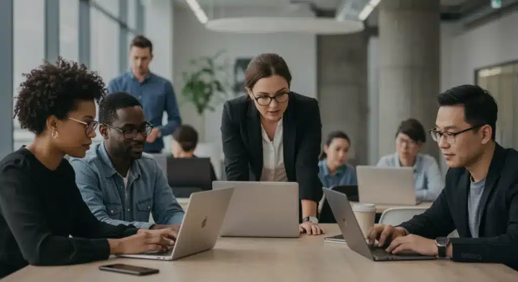 Adult learners gaining job-ready skills through micro-credential programs in a modern setting.