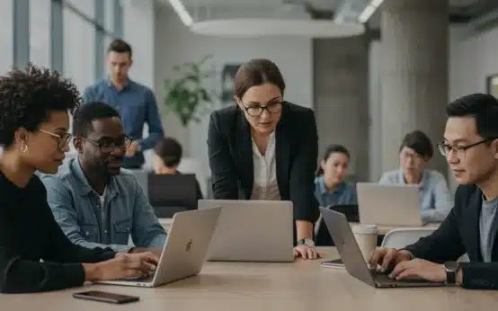 Adult learners gaining job-ready skills through micro-credential programs in a modern setting.