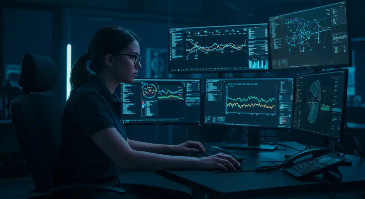 Cybersecurity analyst monitoring threat intelligence on multiple screens.