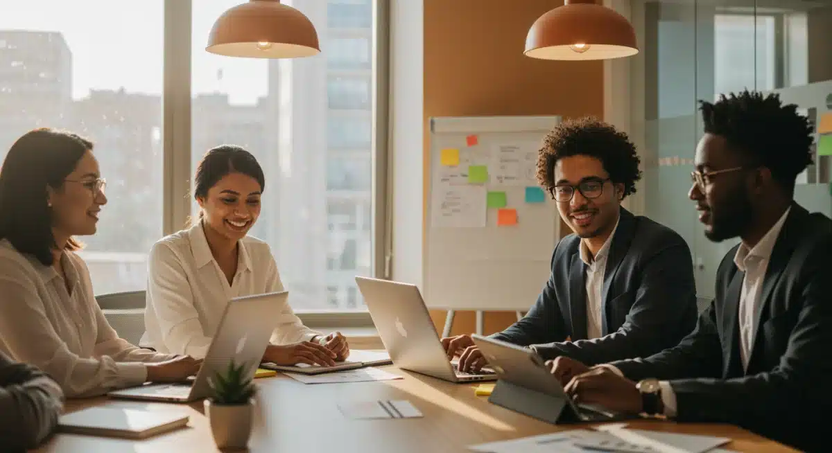 Diverse professionals collaborating in an office, representing a strong U.S. labor market and workforce participation.
