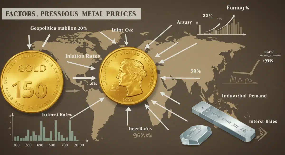Infographic showing factors influencing gold and silver prices including inflation, geopolitics, and interest rates.
