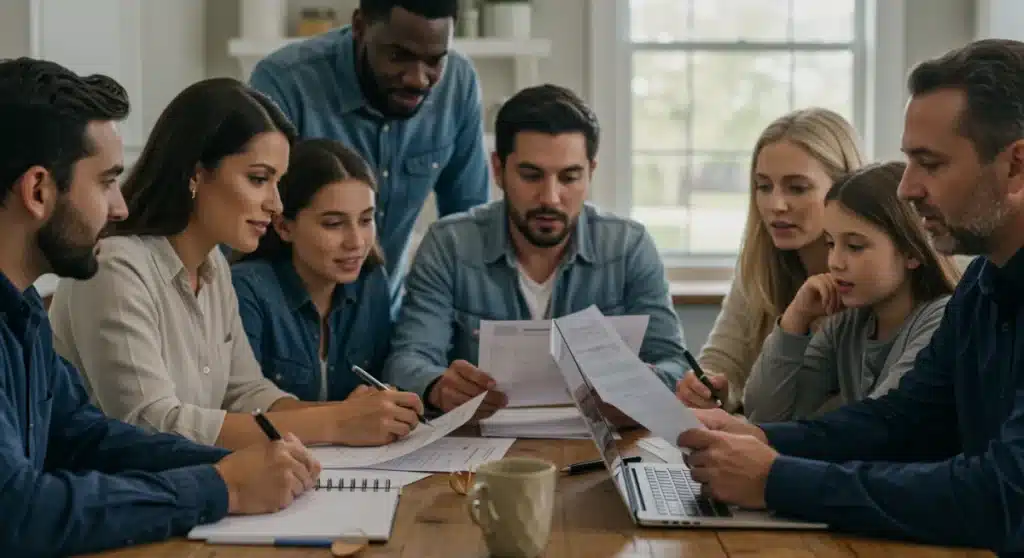 Families planning finances around a table, discussing federal benefits changes