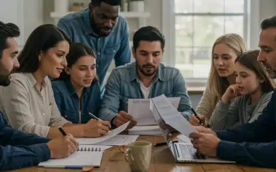 Families planning finances around a table, discussing federal benefits changes