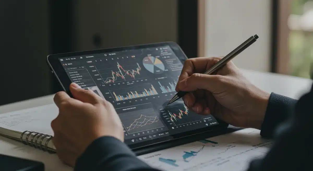 Person analyzing financial news and charts on a tablet