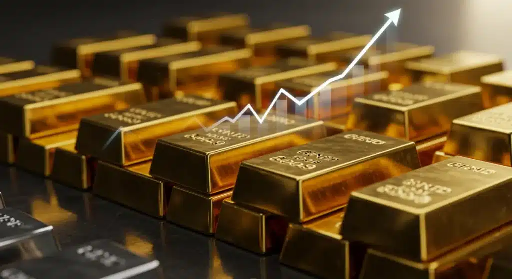 Gold and silver bars with a rising market graph in the background, symbolizing precious metals investment growth.