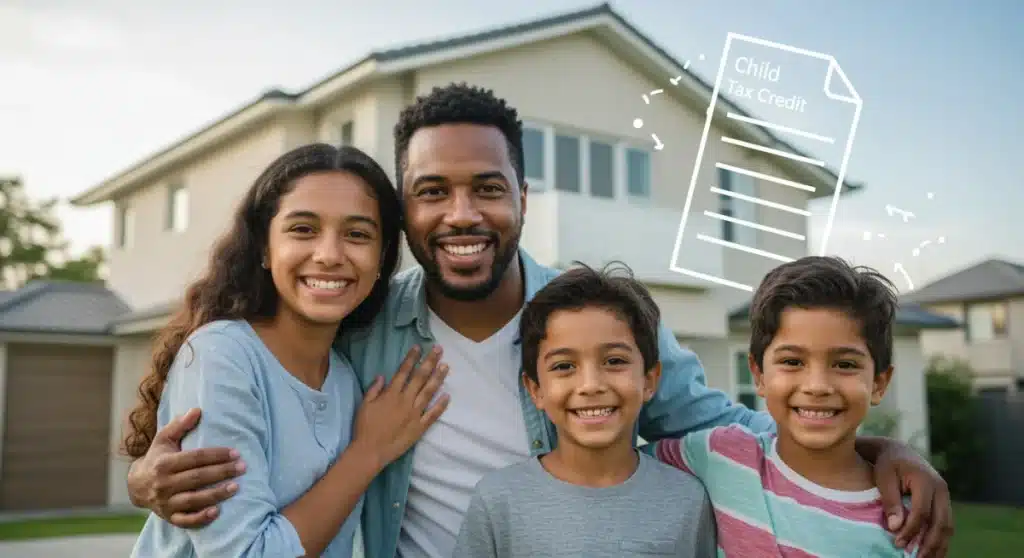 Happy family in front of their home, representing the benefits of the Child Tax Credit.