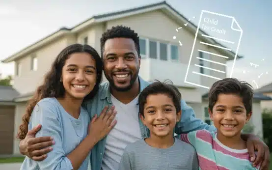 Happy family in front of their home, representing the benefits of the Child Tax Credit.