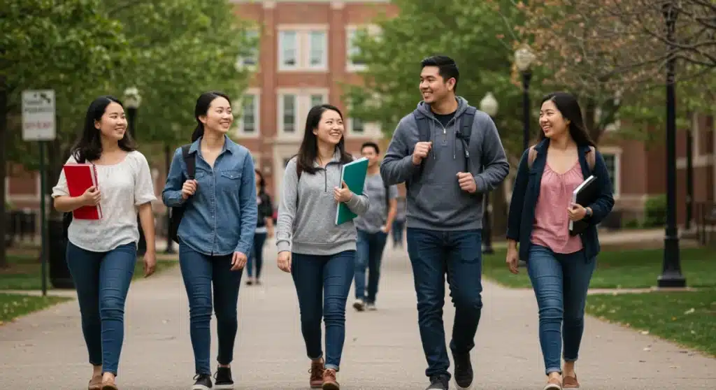 Diverse students on a college campus, symbolizing future higher education policy