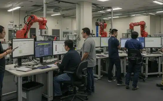 Students and instructors collaborating in a modern vocational training lab with advanced technology.