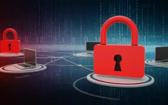 Red padlock icon over a digital network, signifying a critical ransomware warning.