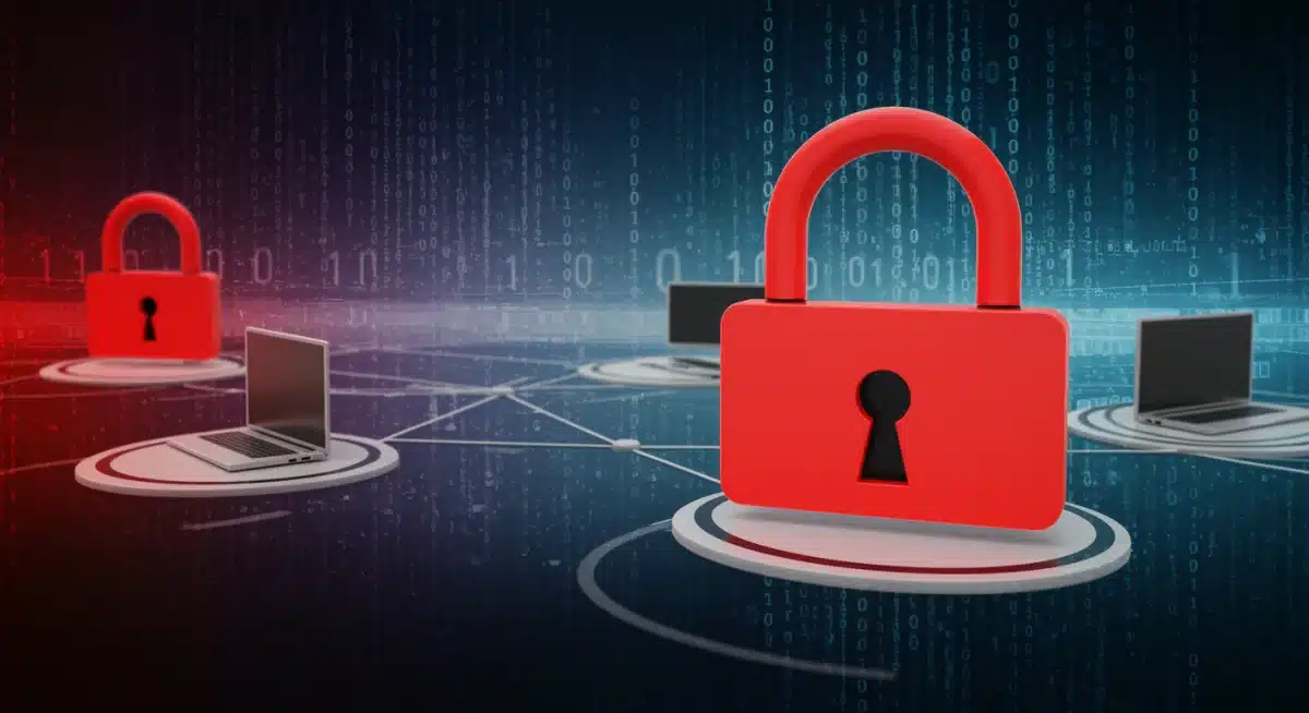 Red padlock icon over a digital network, signifying a critical ransomware warning.