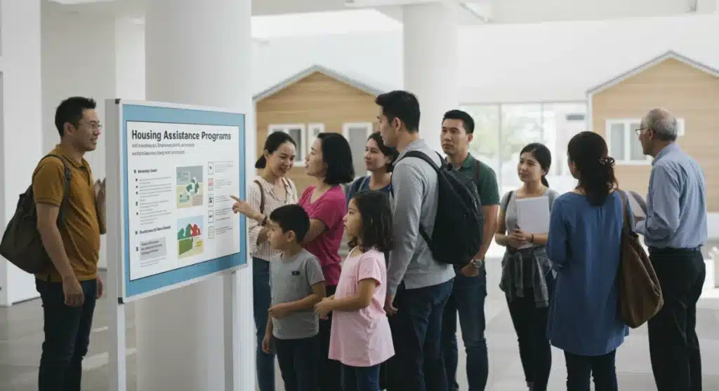 Diverse group reviewing information on Section 8 housing changes