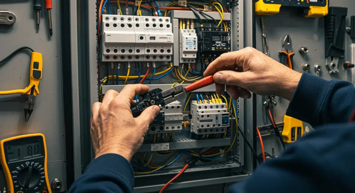Skilled technician working on an electrical panel, representing hands-on trade careers
