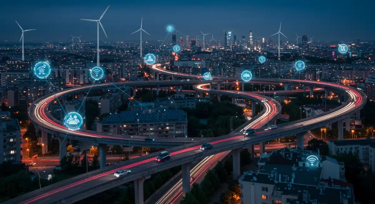 Digital rendering of smart city infrastructure with connected systems and autonomous vehicles.