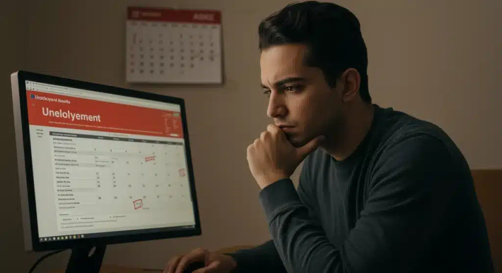 Person reviewing unemployment benefit information on a laptop