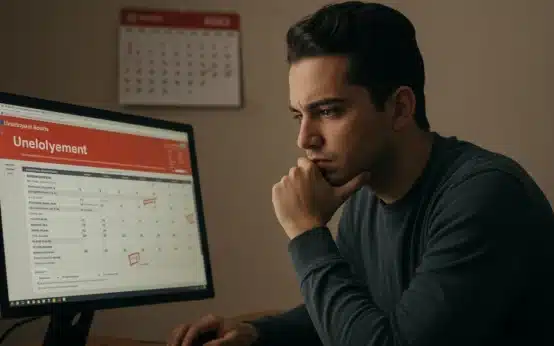 Person reviewing unemployment benefit information on a laptop