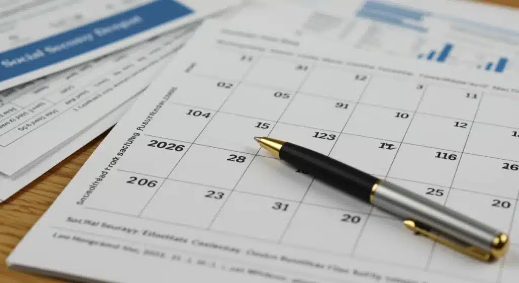 Calendar highlighting 2026 with Social Security paperwork and pen