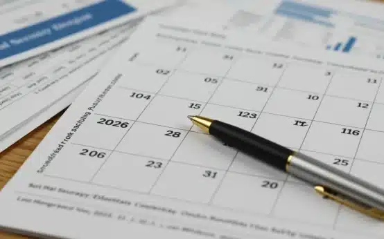 Calendar highlighting 2026 with Social Security paperwork and pen