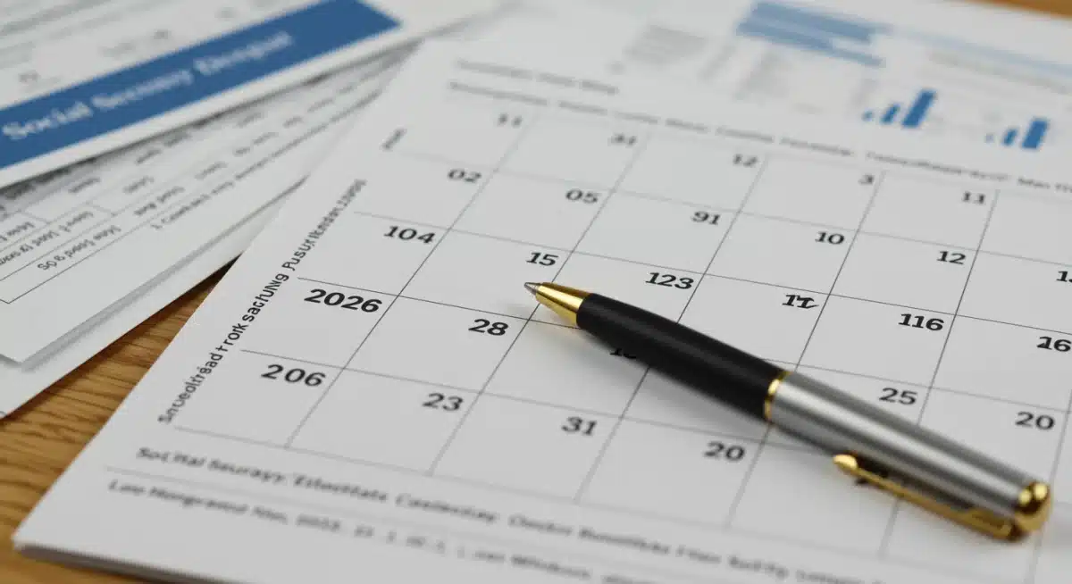 Calendar highlighting 2026 with Social Security paperwork and pen