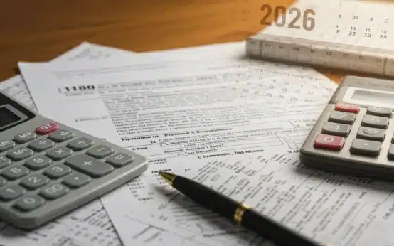 Tax documents and calculator on desk for 2026 tax planning