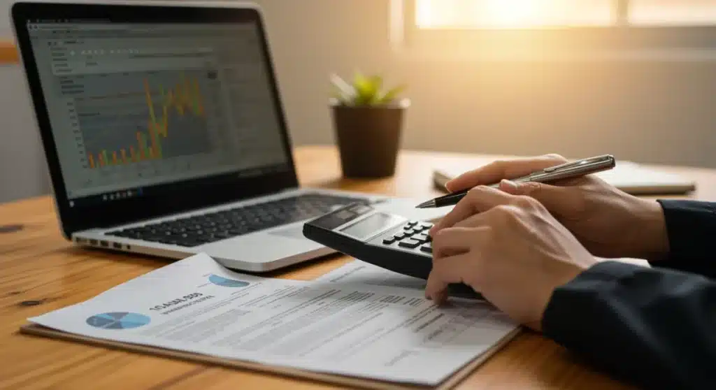 Person calculating 2026 tax deductions on a laptop with financial documents.