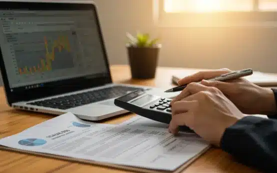 Person calculating 2026 tax deductions on a laptop with financial documents.