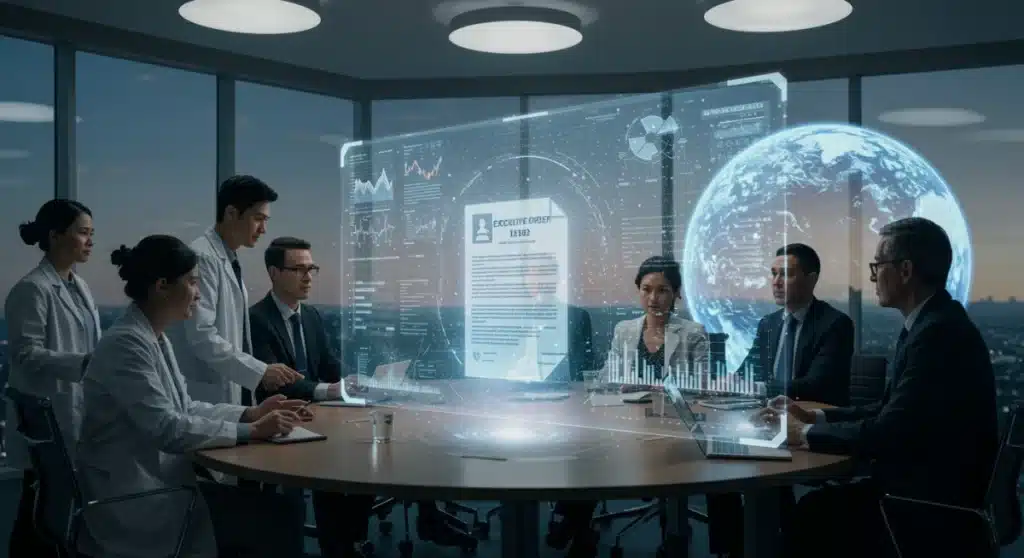 Diverse group collaborating on climate policy, Executive Order 14502 central