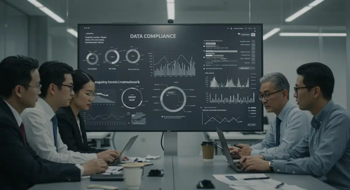 Business professionals discussing data compliance and federal regulations.