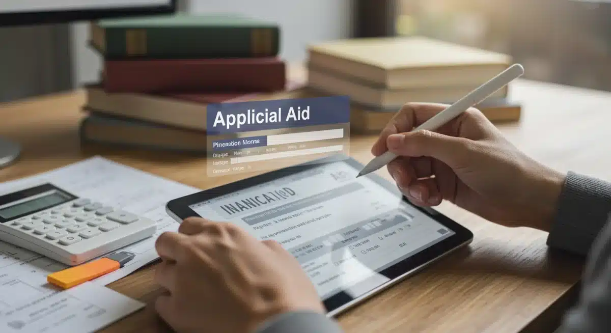 Student hand filling out a digital financial aid application form.