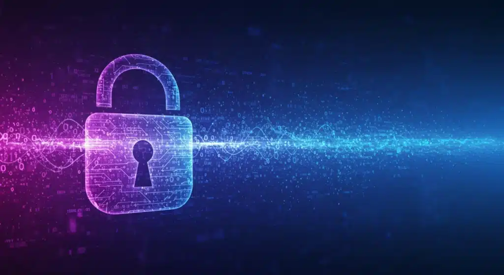 Secure data lock with digital information streams, symbolizing federal data privacy guidelines.