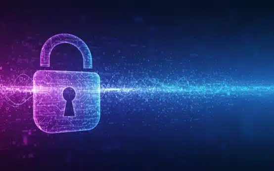 Secure data lock with digital information streams, symbolizing federal data privacy guidelines.