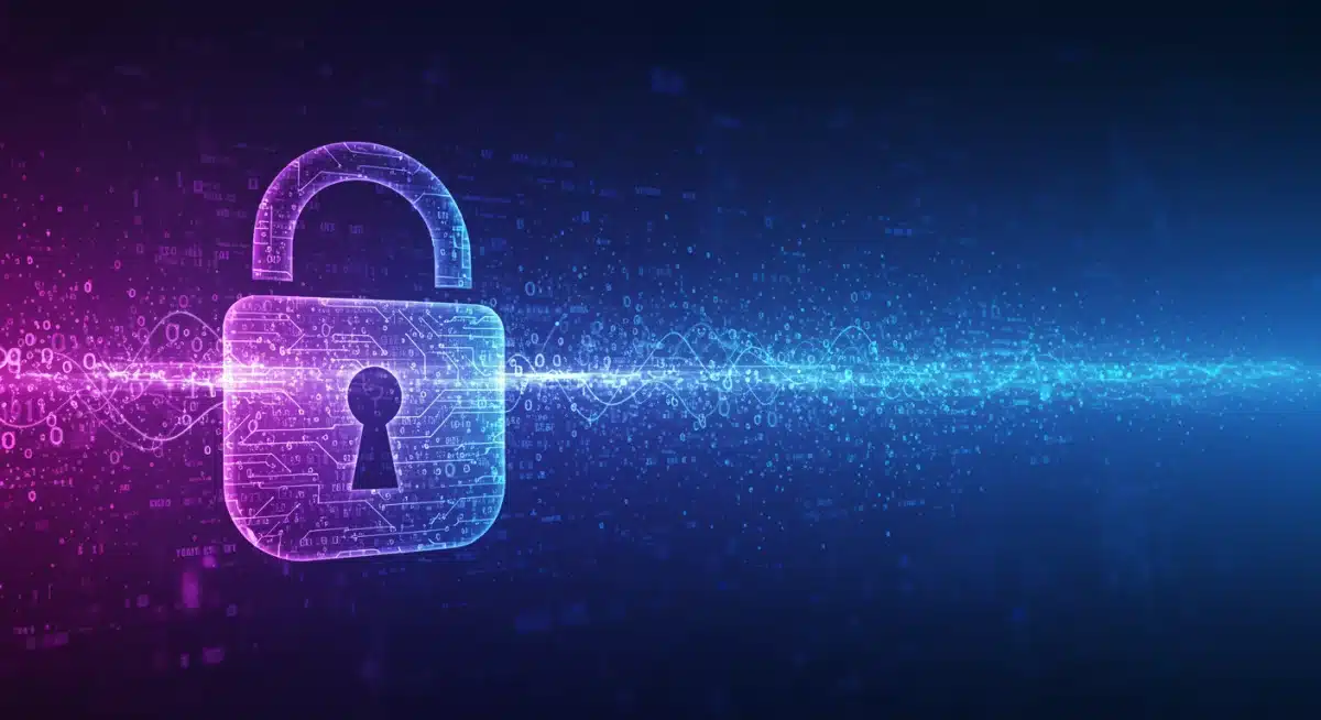 Secure data lock with digital information streams, symbolizing federal data privacy guidelines.
