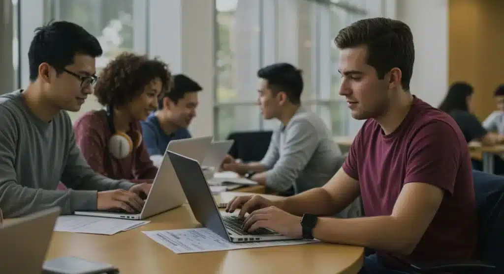 College students studying and collaborating, representing federal student aid applicants.