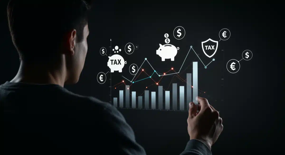 Person analyzing financial data with tax icons, strategic financial planning