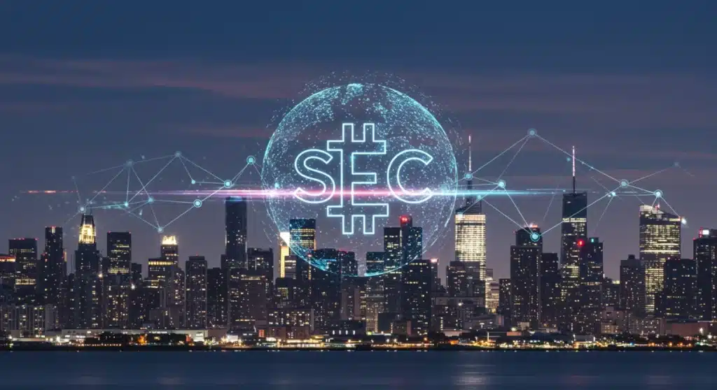 Futuristic cityscape with blockchain lines and SEC logo, representing 2026 crypto regulations.