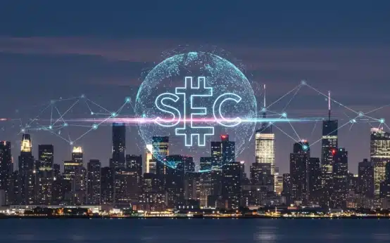 Futuristic cityscape with blockchain lines and SEC logo, representing 2026 crypto regulations.