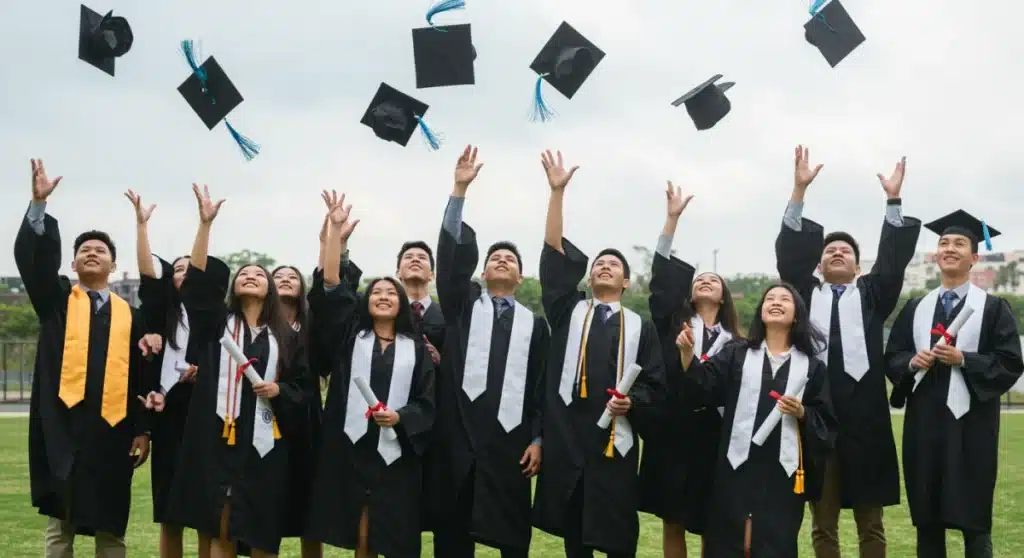 High school graduates celebrating with caps in the air, symbolizing new education grants and future opportunities.