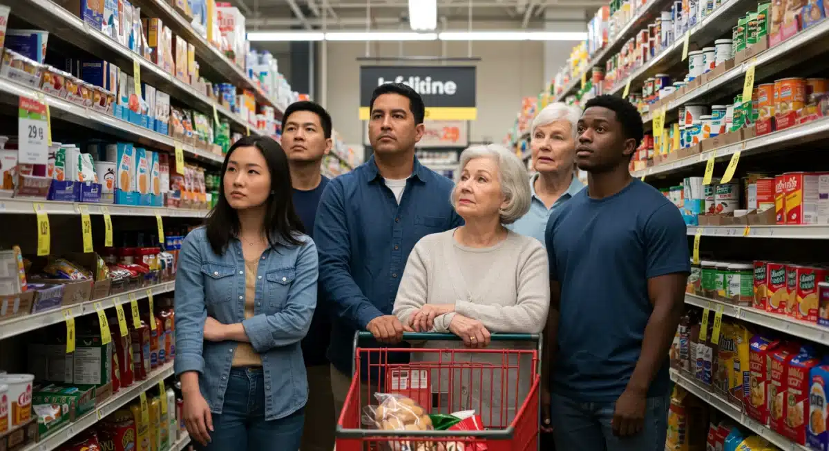 People examining grocery prices in a supermarket due to inflation