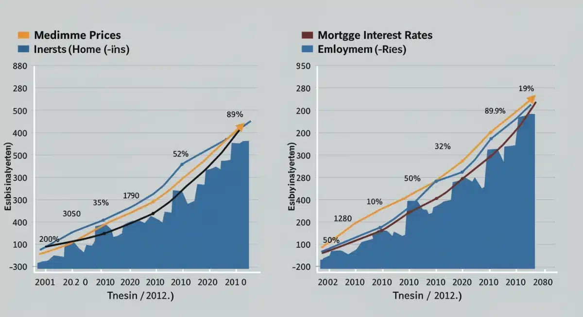 Graphic showing rising home prices and fluctuating mortgage rates trends