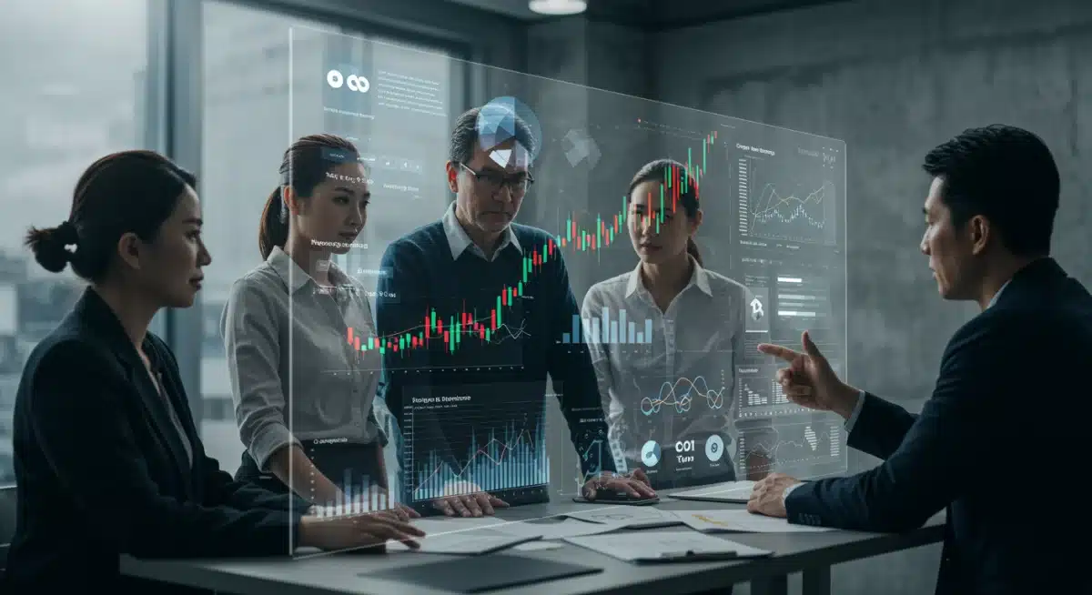 Investors analyzing crypto market trends and regulatory updates on a digital screen.