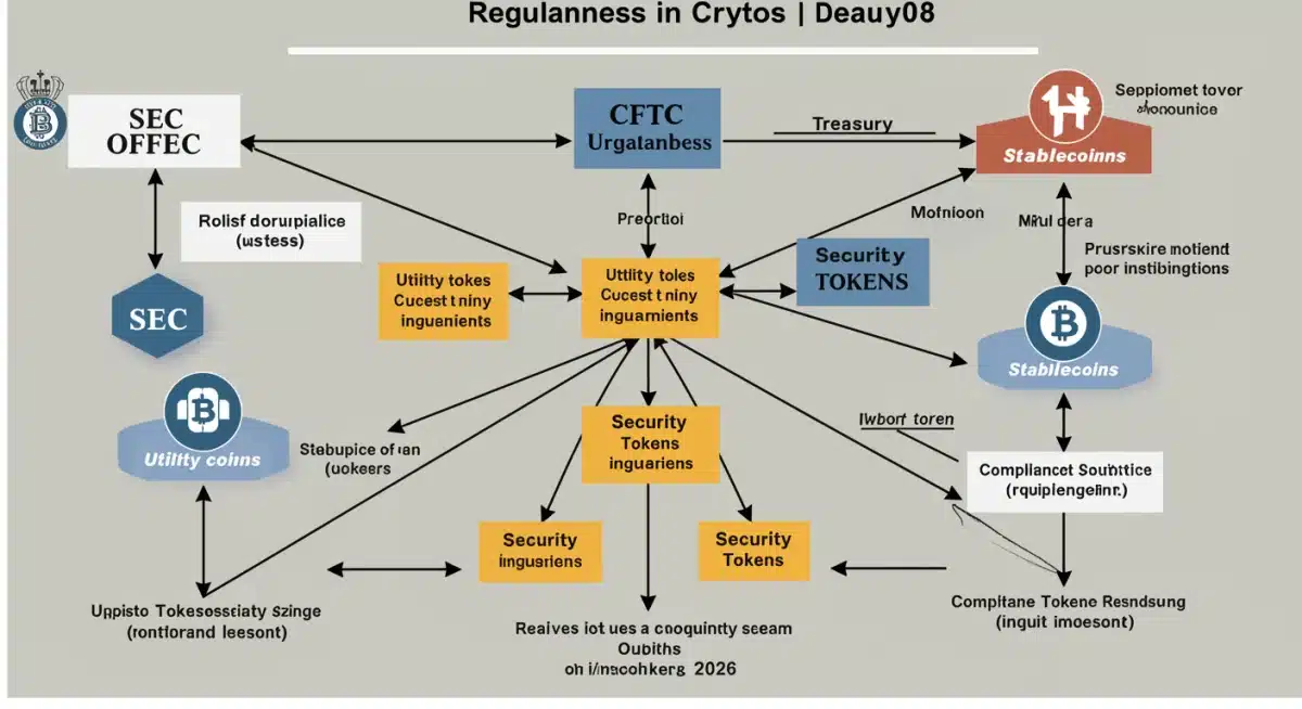 Diagram showing interconnected regulatory bodies and their influence on digital assets.