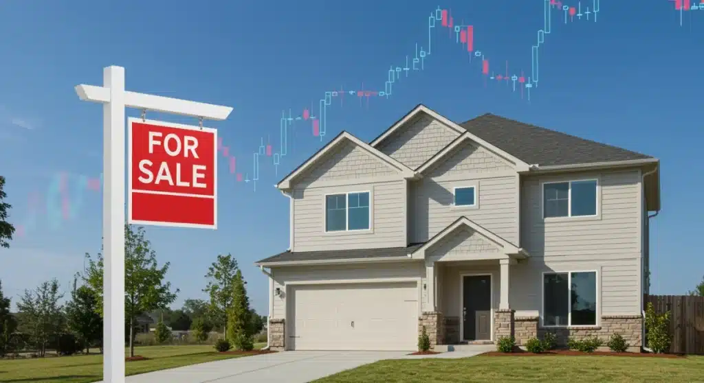 Suburban house with for sale sign and financial charts in background, representing housing market forecast
