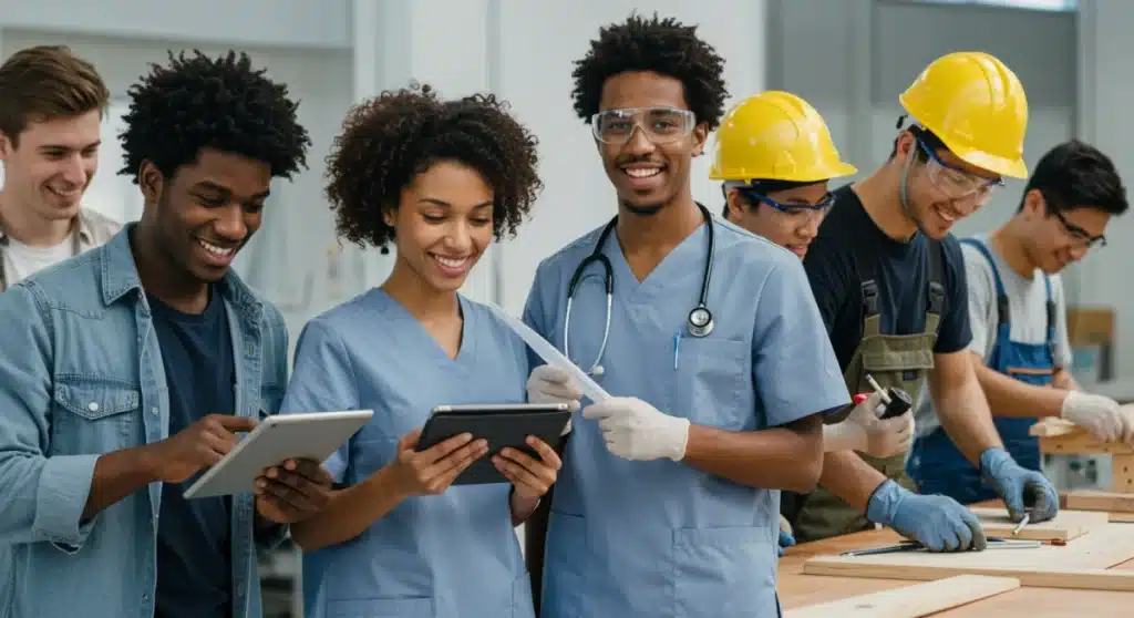 Students learning in various vocational training settings, depicting future career success.