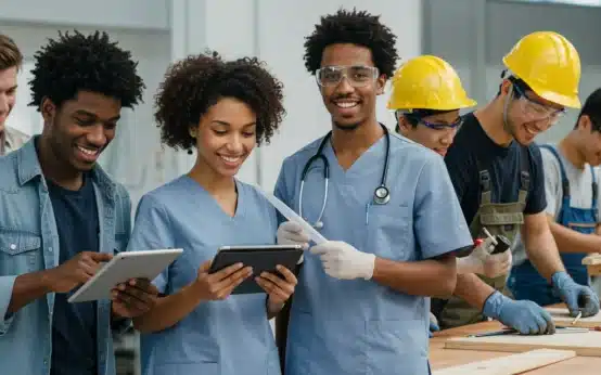 Students learning in various vocational training settings, depicting future career success.