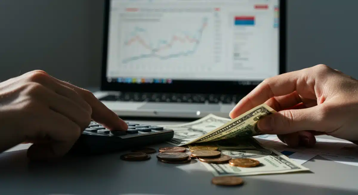 Budgeting and financial management with a calculator and money, reflecting economic impact.