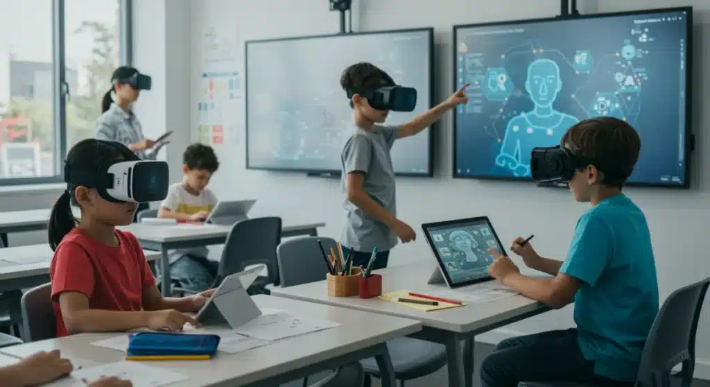 Children engaging with advanced educational technology in a modern classroom setting.