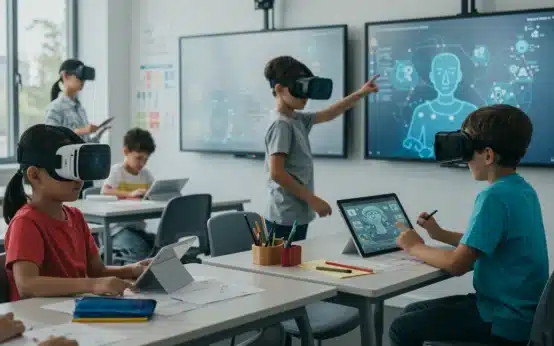 Children engaging with advanced educational technology in a modern classroom setting.