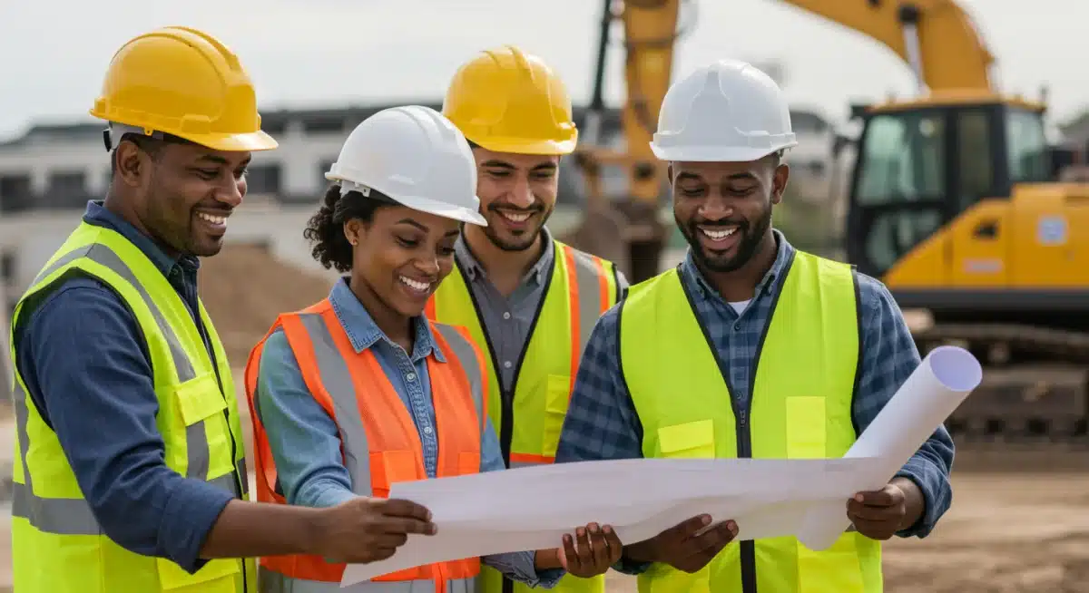 Construction workers reviewing blueprints at a job site